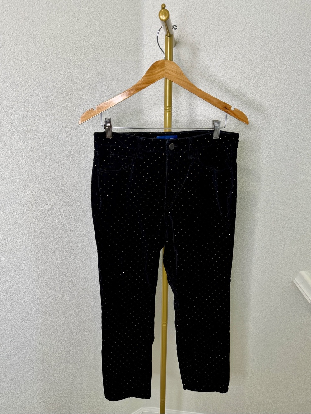Talbots High Rise Straight Leg Curvy Velvet Gold Polka Dot Pants Holiday Black 6